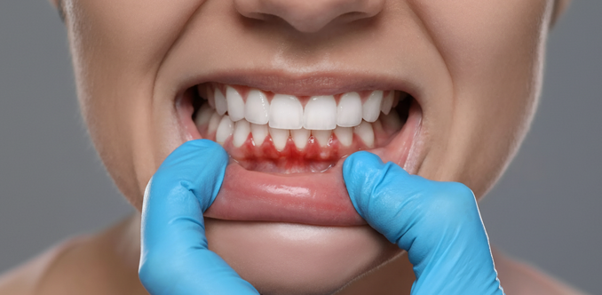 Early gum infection signs such as redness swelling and bleeding indicating possible oral health problems
