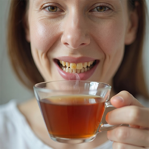 Tea, coffee and coloured beverages gradually discolour the outer surface of teeth.